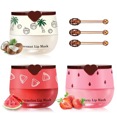Honey Pot Lip Balm,3PCS Coconut Watermelon Strawberry Lip Balm,Moisturizing and Repair Bee Lip Balm Honey Pot,Prevention Dry and Crack Lip Mask Overnight