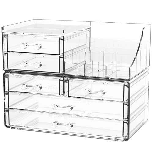 Cq acrylic Make Up Organizers for Vanity With 6 Drawers, 2 Pack Clear Drawer Organizers,Plastic Cute Desk Accessories Organization and Bathroom Organizers Storage Case Box Cube for Beauty,Skin Care