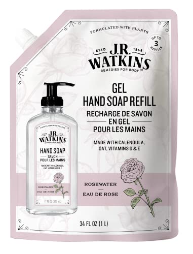 J.R. Watkins Rosewater Liquid Hand Soap Refill Pouch 1L - Gentle, Plant-Based