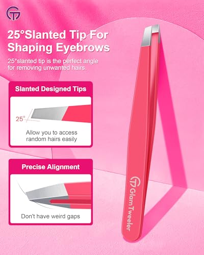 GlamTweeler Precision Slant Tip Eyebrow Tweezers with Leather Case - Hot Pink