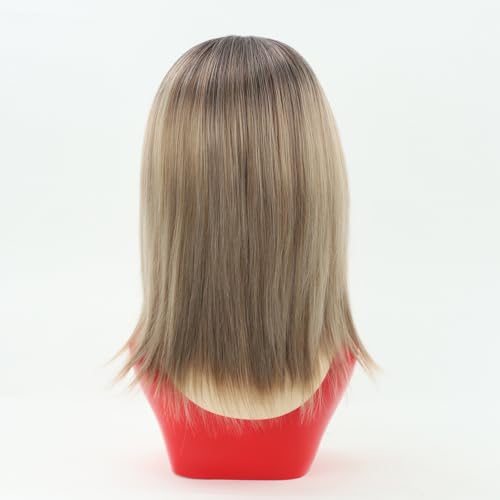 Ombre Blonde Bob Wig with Bangs 14" Layered Straight Synthetic