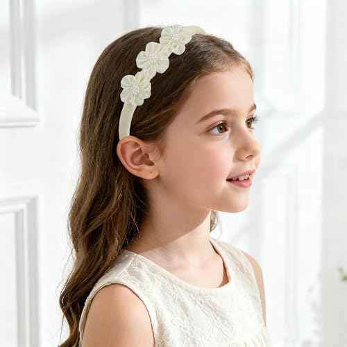 7Rainbows Boutique Triple Satin Flowers with 7 Faux Pearls Ivory Headbands for Girls Toddlers Teens and Even Adults.