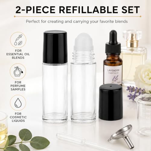 2Pcs 30ml Glass Roller Bottle Set with Black Lids & Stainless Roller Balls