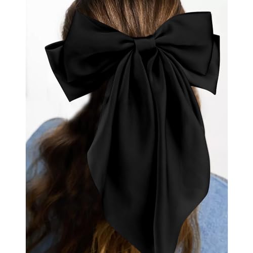 Velscrun 3Pcs Hair Bows for Women Black Hair Bow Big Hair Bows Clips for Girls Silky Satin Large Hair Ribbons Oversized Long Tail Hair Bows Hair Barrettes Hair Accessories Christmas Gifts