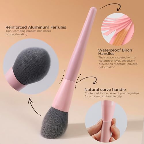 BEAKEY Pink Makeup Brushes Set?10 Pcs Taklon Bristles for Foundation Powder Blush Contour Eyeshadow & Concealer with Durable Birch Handles