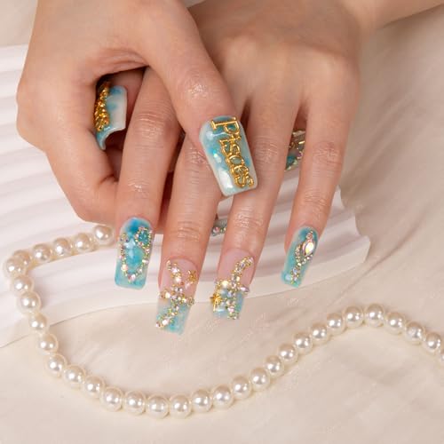 LOVFUL Press on Nails Pisces Blue French Tip| Handmade with Full Covered Crystals | Reusable Fake Nails | Square Regular 1.0 in | H157L