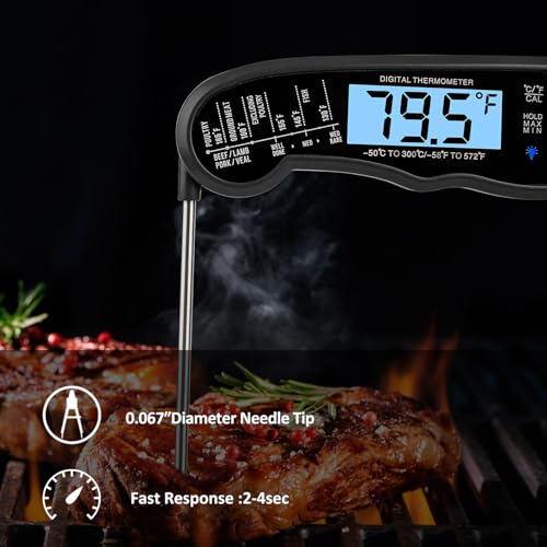 KULUNER TP-01 Waterproof Digital Instant Read Meat Thermometer with 4.6 Folding Probe Backlight Calibration Function for Cooking Food Candy, BBQ Grill, Liquids,Beef(Black)