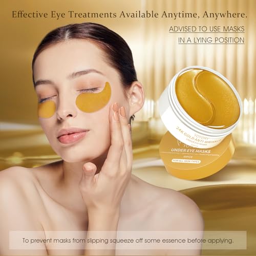Under Eye Patches Masks - 24K Gold Eye Patch for Dark Circles & Puffy Eyesg,Fine Lines,Eye Bags, Wrinkle,Contains Caffeine and Collagen, Hydration for Women and Men, (60 Pcs) Gold