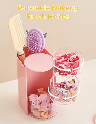 Pink 3-Tier Rotating Hair Accessories Organizer with Brush Holders