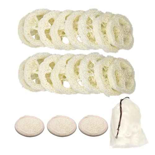 50Pcs Natural Loofah Slice of 1.96inch, Reusable Natural Loofah Cuts for Cleaner Sponge Scrubber, Facial Soap Holder and DIY Customize Soap Tools, with 3Pcs Exfoliating Loofah Pad and 1 Storage Bag