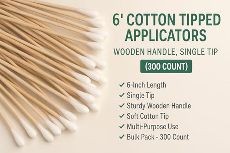 6" Cotton Swabs 300 Count - Single Tip Applicators Wooden Handle