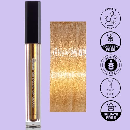 Mynena Diamond Lips | Copper with Gold Metallic Finish Lip Gloss | High-Shine, Non-Sticky, Non-Drying | Lipstick Topper | Amber