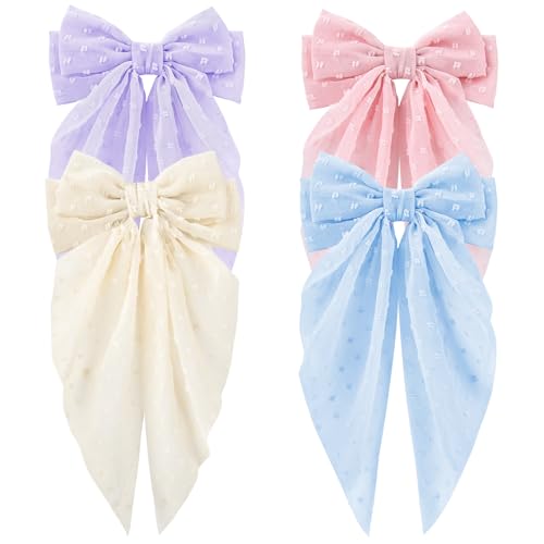 Large Hair Bows for Women,CEELGON 4 PCS Big Bow Clips for Girls French Barrette Bowknot with Long Tail for Women(Beige, Light Pink,Light Purple,Blue)