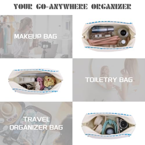 Canvas Makeup Bag with Rick Rack Trim, Blue Stripe Cosmetic Organizer