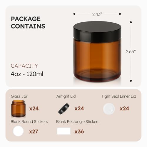 4 oz Glass Jars with Lids, 24 Pack Amber Small Glass Jars with Black Lids Leakproof Round Airtight Empty Cosmetic Travel Containers with Inner Liners For Lotions Powders and Candle Making