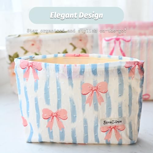BornSiiren Bow Blue Stripe Large Makeup Bag Travel Organizer with Lining