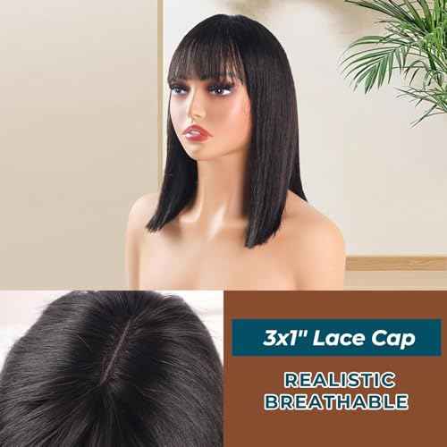 3x1 HD Lace Closure Bob Wig with Bangs Human Hair for Black Women, Realistic Scalp, 100% Raw Human Hair Bob Wig, 180% Density, Glueless Short Bob Wig Human Hair, Natural Black