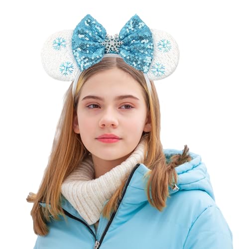 Bianbaistar Snowears Velvet Headband with Big Ears & Blue Bow - Winter Snowflake Sequin Accessory for Women & Kids