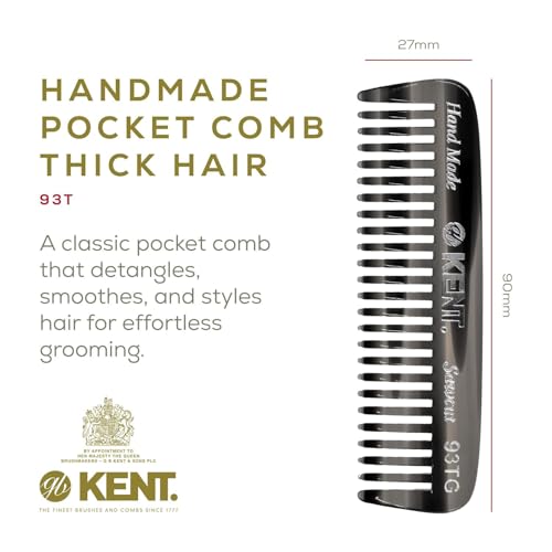 Kent 93T Black Graphite Wide Tooth Men's Comb, for Mustache and Beard ideal for Facial Hair, Small Pocket Sized Travel Detangler Comb, Saw-Cut Hand polished Made in England