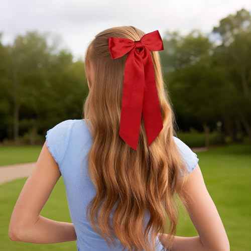 WantGor Long Tail Bow Hair Clips, Hair Ribbon Bows Satin Bowknot Clip Large Hair Barrettes Cute Ponytail Holder Hair Accessories for Women Daily Party Wedding Prom (Red)