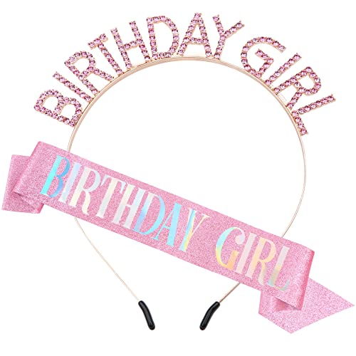 Pink Birthday Girl Sash & Tiara Set with Rhinestones