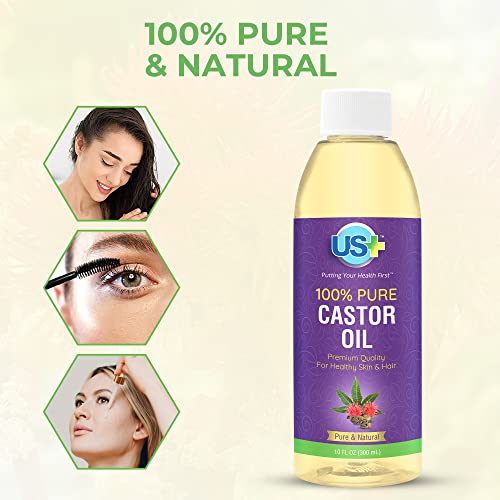 US+ 10oz 100% Pure Castor Oil - Cold-pressed, Unrefined, Hexane-free - USP Grade - Premium Quality for Healthy Skin & Hair