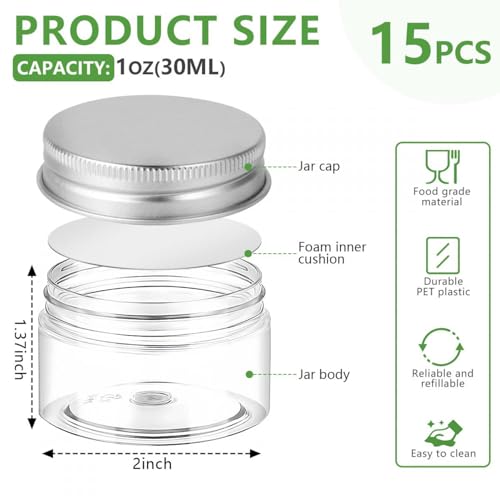 SenseYo 15 Pack 1 OZ Plastic Small Creams Container Jars with Lids for Travel (Silver Lids)