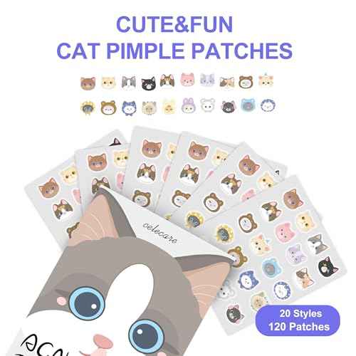 Pimple Patches,Acne Patches,Pimple Patches for Face, Cute Stickers,Salicylic Acid & Tea Tree, 120 Hydrocolloid Dots in 20 Colors for Face,Cute Cat Pimple Stickers