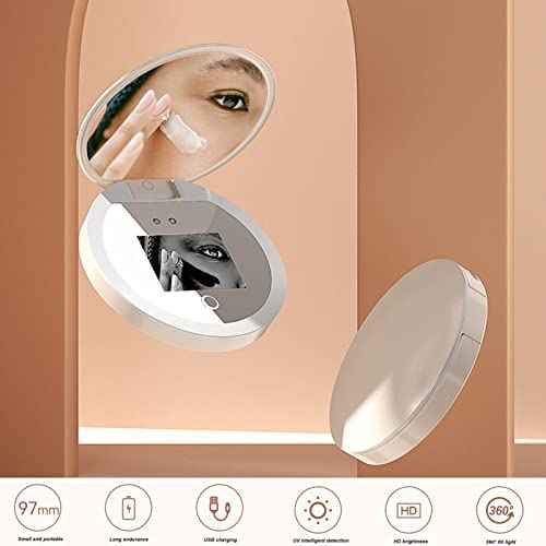 Travel Compact Mirror with Camera, 2X Magnification Portable Mirror with Lights Checking Sunscreen LED Makeup Mirror, 3.5in Folding Travel Mirror