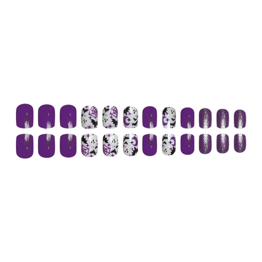 24Pcs Halloween Press on Nails Short Square Fake Nails with Purple Glitter Design Glossy False Nails Cute Halloween Nails Acrylic Nails Full Cover Glue on Nails Halloween Stick on Nails for Women