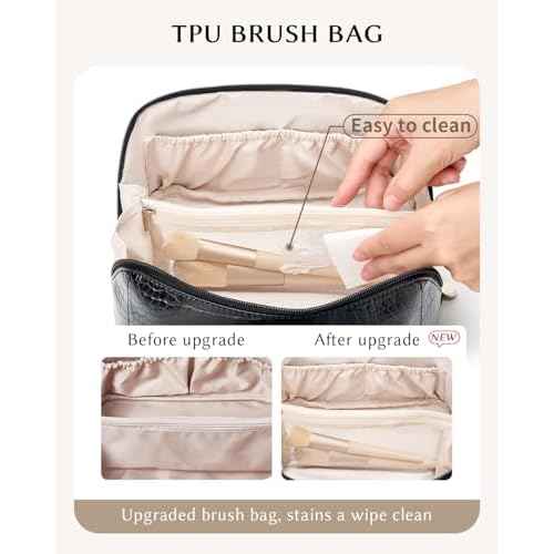 Make Up Bag, Cosmetic Organizer for Women, Waterproof Croc PU Leather Makeup Organizer with Divider and Handle Toiletry Bag Travel Bag (Croc Embossed, Black)