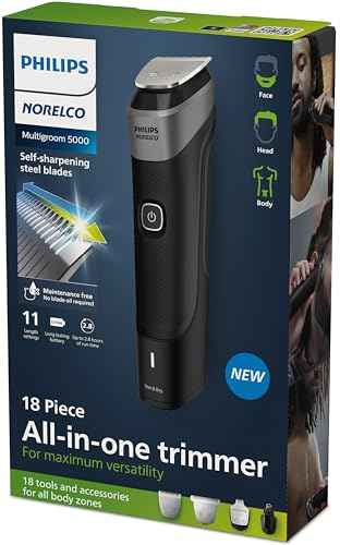 Philips Norelco Multigroom 5000 Series, All-in-One Trimmer and Hair Clipper, 18-Piece Men's Grooming Kit for Beard, Face, Hair, Body and Intimate Areas, No Blade Oil Needed, Model MG5910/49