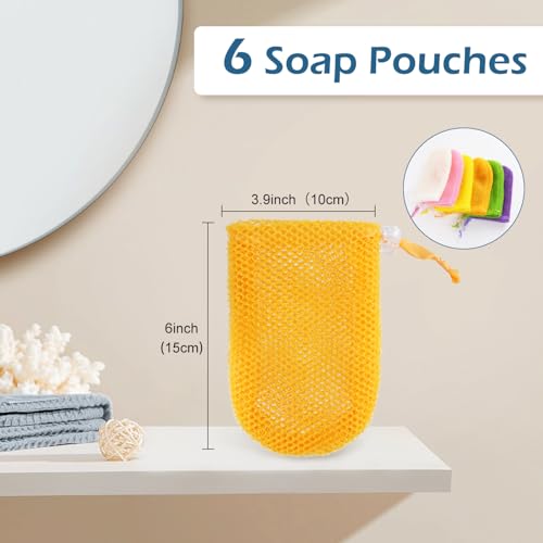 6 Pack Mesh Soap Bags with Drawstring, Nylon Exfoliating Pouches