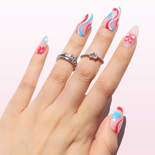 Red White & Blue Swirl Press On Nails - 30 Pc Almond Kit