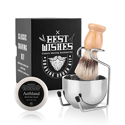 Aethland Shaving Brush Set for Men, 4 in1 Include 100g Shaving soap, Badger Shaving Brush and Stainless Steel Shaving Stand & Shaving Bowl for Husband Birthday Boyfriend Father's Day Gifts£¨Upgrade W)