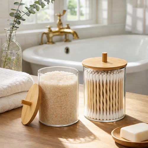 Glass Q-Tip Holder with Bamboo Lid, 10 oz - 2 Pack