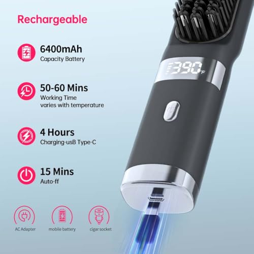 Cordless Hair Straightener Brush with LCD Display USB Rechargeable