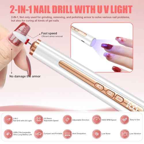 Electric Nail Drill with U V Light, Cordless Nail Drills Professional, Portable Electric Nail File Kit Rechargeable Efile Nail Drills for Acrylic Gel Nail Manicure Nail Drill Kit for Salon Home