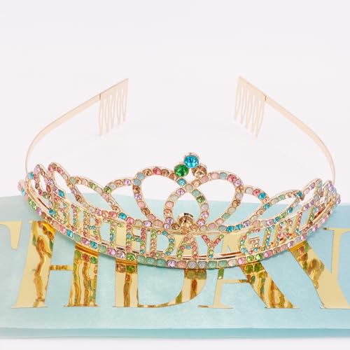 Birthday Crown and Sash Set for Women - Gold Rhinestone Tiara