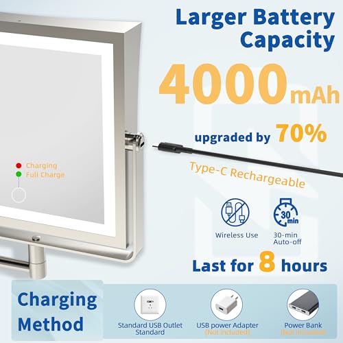 Ruacq Rechargeable Wall Mounted Makeup Mirror with Lights, Double Sided 1X/10X Magnifying Vanity Mirror with 3 Color Light, Touch Screen Dimmable, 360¡Æ Rotation Extension Foldable Arm(Brushed Nickel)