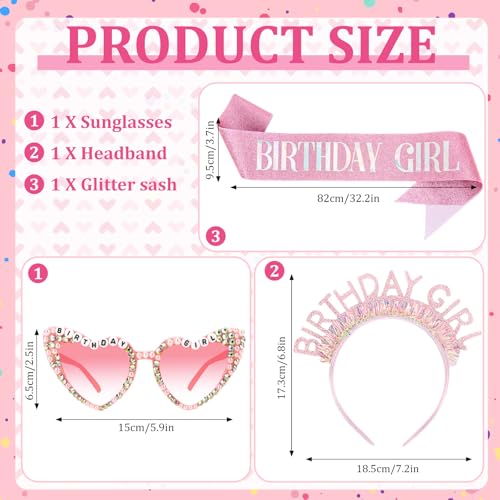 Birthday Girl Sash Headband Glasses Tiara Set Pink