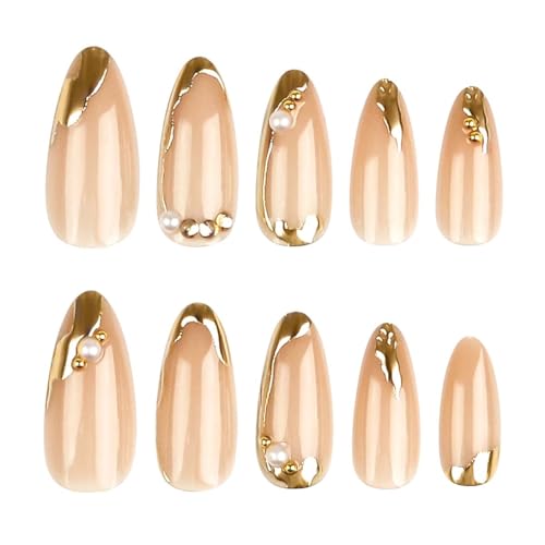 Gold French Tip Almond Press-On Nails - Medium Fake Nails Set (24 Pcs)