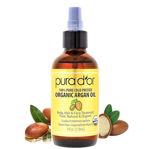PURA D'OR 4 Oz Organic Moroccan Argan Oil ? 100% Pure Cold-Pressed Virgin Grade ? Lightweight Moisturizer for Skin, Face, Body & Hair ? Helps Dry Skin, Scalp Care, Split Ends, Nails & Cuticles