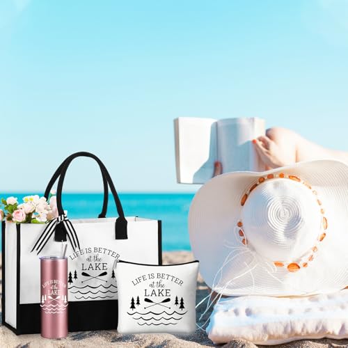 Sieral 3 Pcs Life Is Better at the Lake Gifts for Women 20 oz Tumbler with Text Stainless Steel Mug Cup for Trip Housewarming Gift