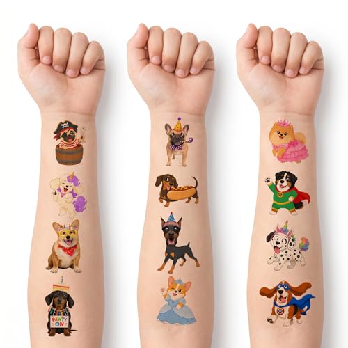 96 PCS Dog Temporary Tattoos for Kids | Waterproof Puppy Party Favors