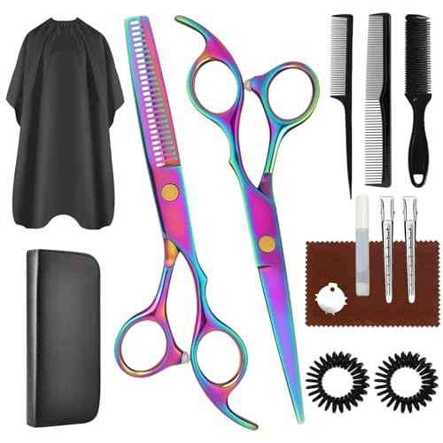 Hair Cutting Scissors Set, Professional Haircut Scissors Kit with Cutting Scissors Thinning Scissors for Barber/Salon/Home/Men/Women/Kids/Adults(Rainbow)