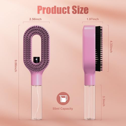 Pink 2-in-1 Portable Misting Hair Brush for All Hair Types - Anti-Frizz Detangler
