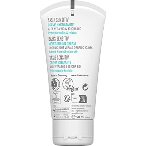 lavera Basis Sensitive Moisturizing Cream ? Organic & Vegan Face Moisturizer with Aloe Vera & Shea Butter - Natural Skin Care for All Skin Types - 1.69 Fl Oz