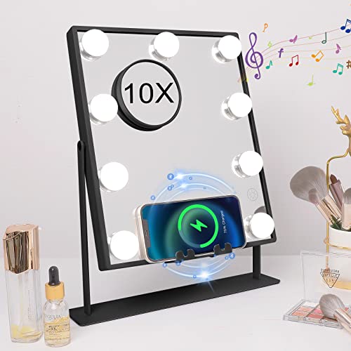 Hansong Lighted Black Vanity Mirror with Music Speaker and Wireless Charging Makeup Mirror with Lights 9 Dimmable Bulbs Lighted Hollywood Makeup Mirror 3 Color Lighting Tabletop