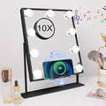 Hansong Lighted Black Vanity Mirror with Music Speaker and Wireless Charging Makeup Mirror with Lights 9 Dimmable Bulbs Lighted Hollywood Makeup Mirror 3 Color Lighting Tabletop